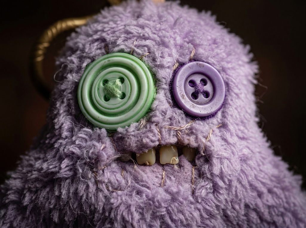 Purple Mismatched Button-Eye Monster | Hand-Stitched Artisan Plush Charm for Tote Bags